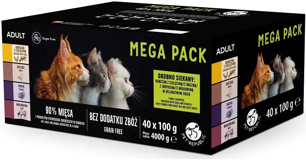 Set hrana umeda pentru pisici PetRepublic Mega Pack pui cu vitel, rata, curcan si vita 40 x 100 g