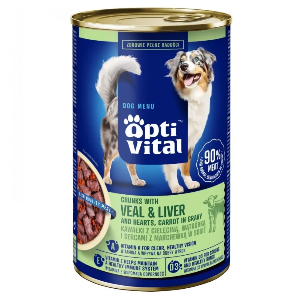 Hrana umeda pentru caini OptiVital bucati cu vitel, inimi, ficat si morcovi 1250 g