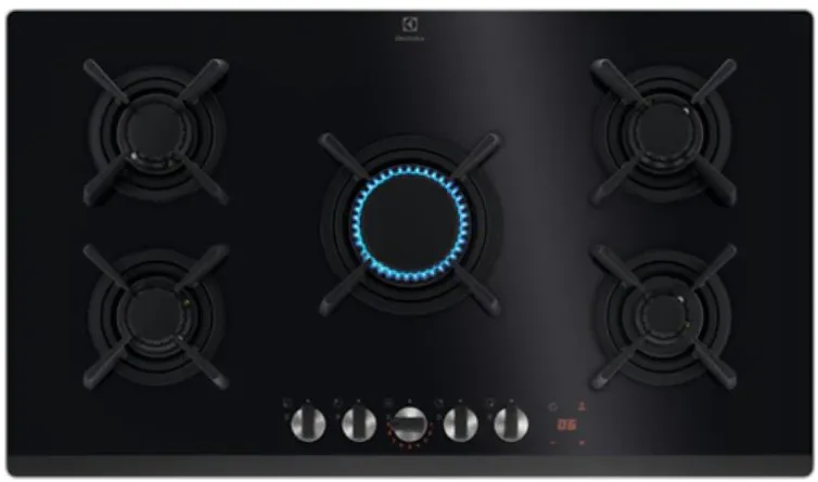 Plita incorporabila Electrolux KGG953753K, Gaz, 5 arzatoare, Aprindere electrica, Gratare fonta, Timer electronic, Conectivitate hota, 90 cm, Negru