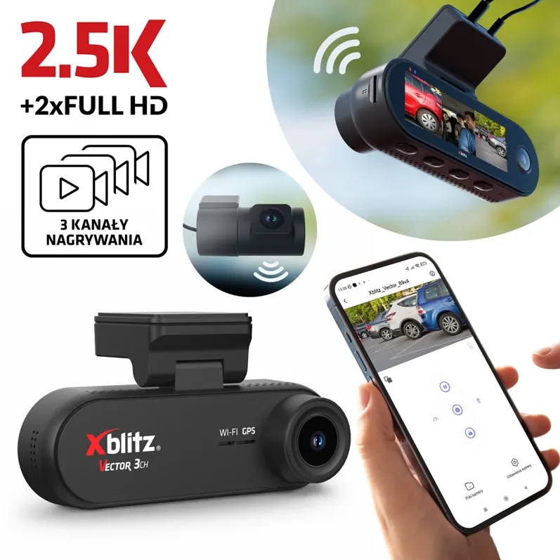XBLITZ VECTOR 3CH 3-CHANNEL DVR WITH REARVIEW CAMERA, Wi-Fi, AND GPS