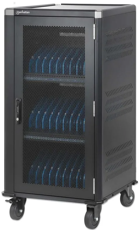 Manhattan Laptop Charging Cabinet Trolley/Cart via USB-C 65W 16" 30-bay, Suitable for USB-C laptops (to 16"), iPads, MacBooks, Chromebooks, other USB-C devices, Bays 395x32.5x290mm, USB-C charging cables included,Cabinet, UK & EU