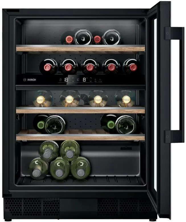 Vitrina vinuri incorporabila Bosch KUW21AHG0, 120 l, 44 sticle, Iluminare LED, Doua circuite de racire, Clasa G, 82 cm, Sticla