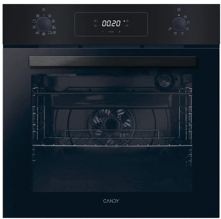 Cuptor electric incorporabil Candy FCM955NRL-C, clasa A, 70 litri, 9 functii, easy Steam, curatare Pirolitica & Hidrolitica, display touch control & 2 selectoare mecanice, negru