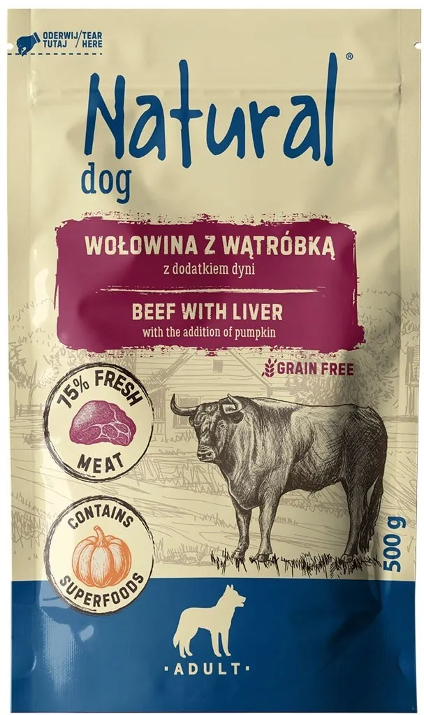 Hrana umeda pentru caini adulti NATURAL vita cu ficat si dovleac 500 g