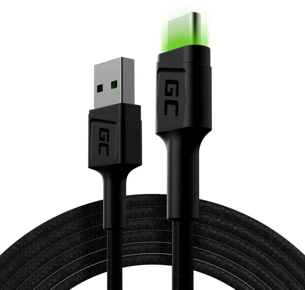 Cablu de Date Green Cell USB - USB-C GC Ray, 200cm, Verde LED, with Ultra Charge, QC 3.0