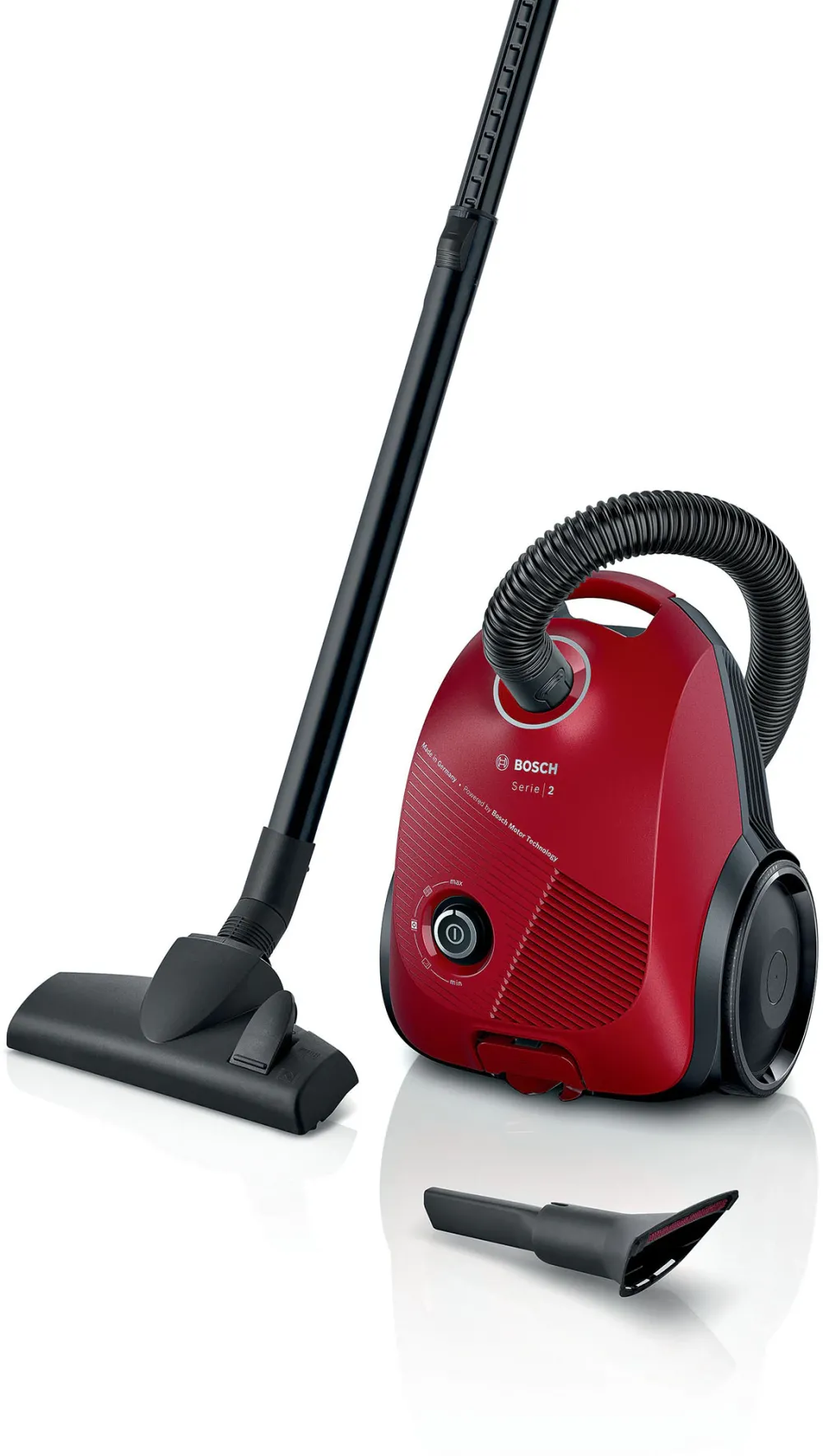 Aspirator cu sac Bosch Serie 2 BGBS2RD1, filtru igienic, capacitate sac 3.5L, control electronic rotativ, consum anual de energie: 26.7 kWh/an, Rosu