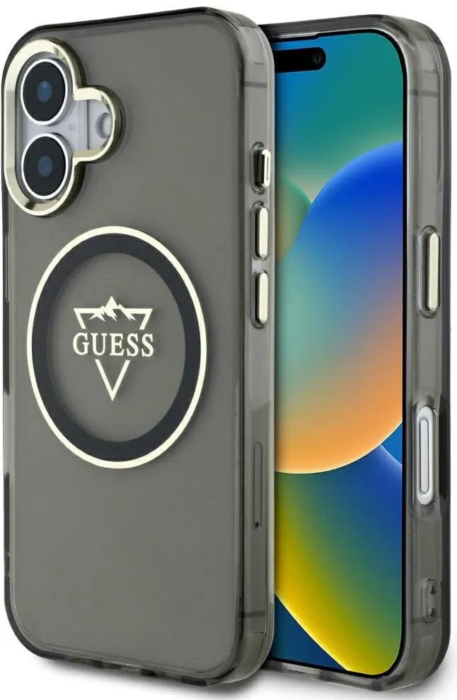 Husa Guess IML Metal Mountain Logo MagSafe pentru iPhone 16 negru