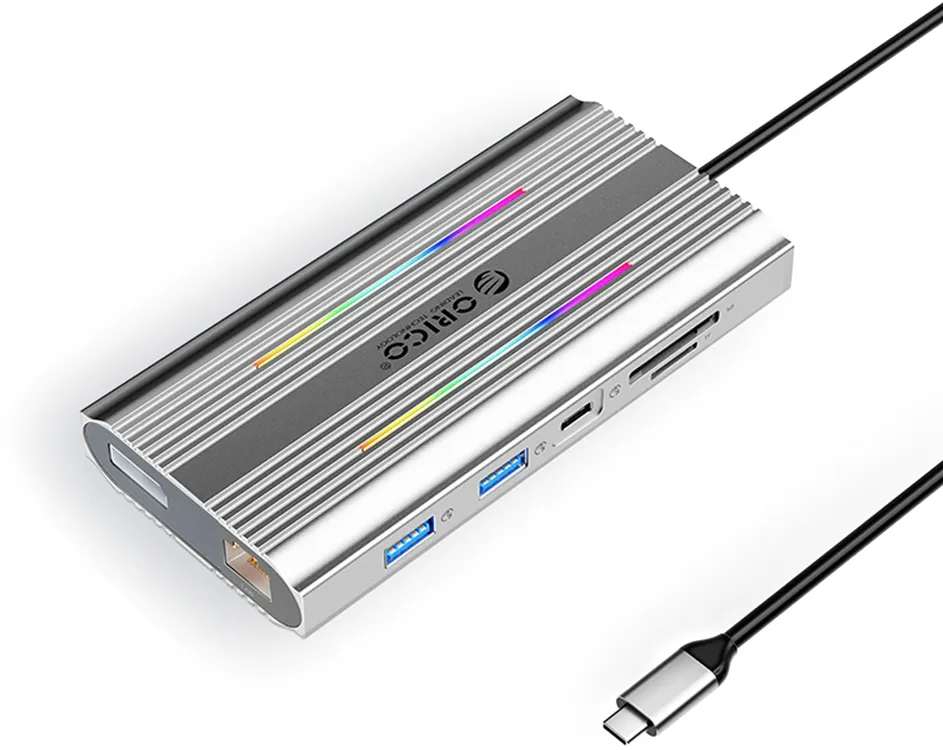 Orico XDR 12in1 RGB USB-C Docking Station USB-A USB-C 2x HDMI 4K 60 Hz DisplayPort 4K 60 Hz RJ45 Gigabit PD 100W SD and microSD Card Reader - Silver