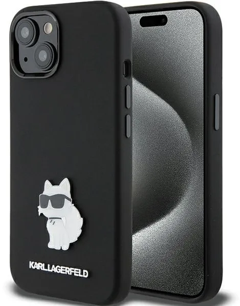 Husa Karl Lagerfeld Silicone Choupette Metal Pin iPhone 15 Plus / 14 Plus negru