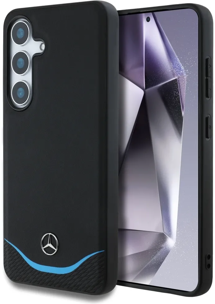 Husa Mercedes Leather Contrasted Blue Horizontal Curve MagSafe Samsung Galaxy S25 negru