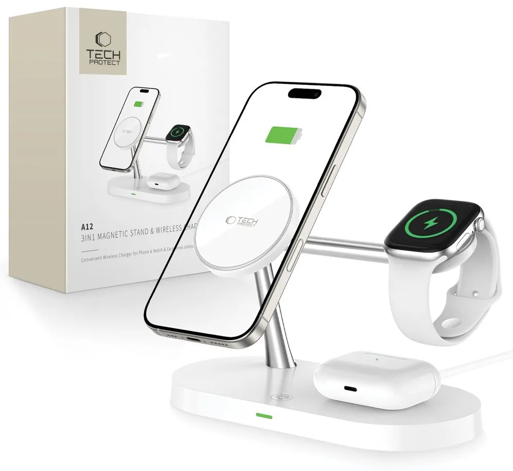 Incarcator wireless 3 in 1 Tech-Protect A12 MagSafe 15W alb