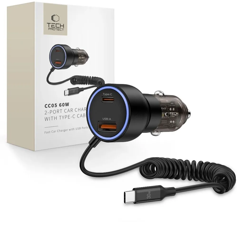 Incarcator auto Tech-Protect CC05 2 porturi PD 60 W cu cablu USB-C integrat negru