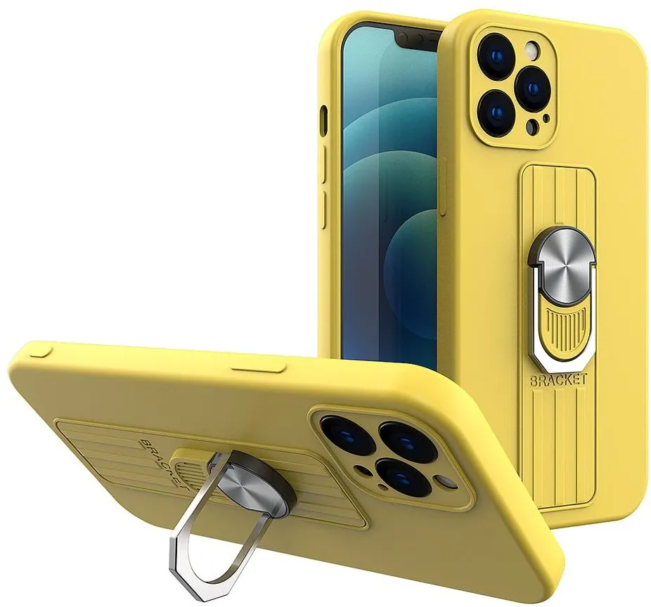 Husa silicon Ring Case cu suport deget si stand iPhone 12 Pro galben