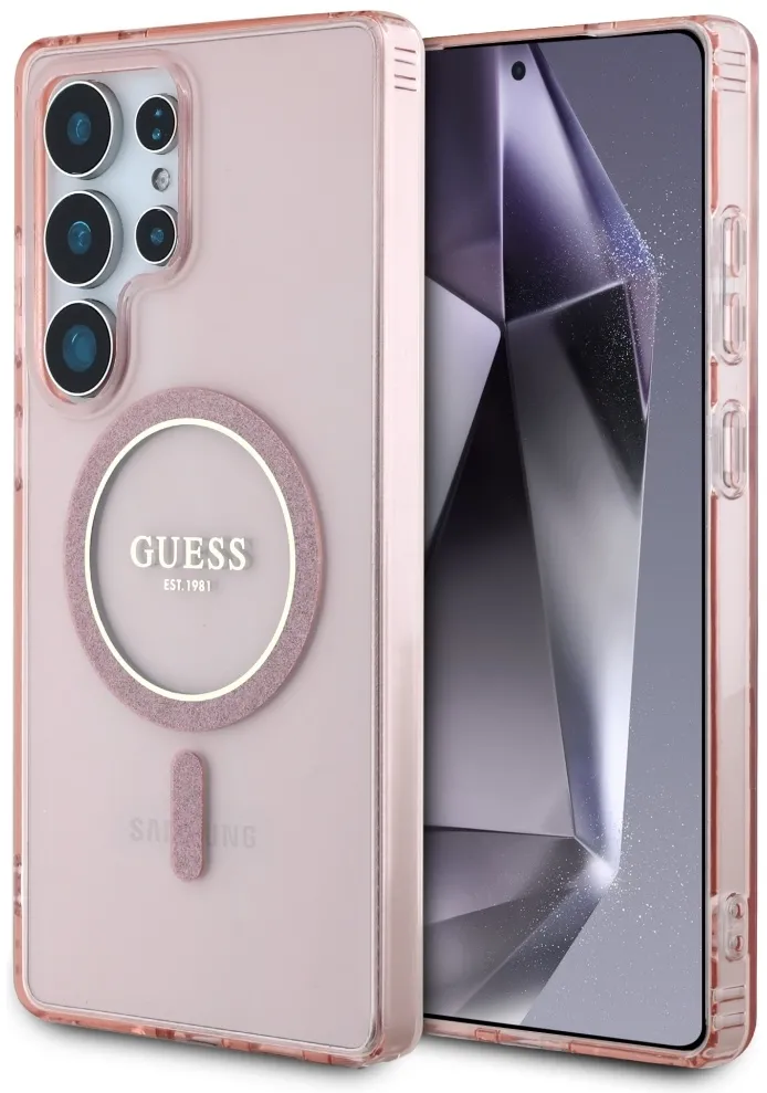 Guess Glitter Circle Classic Logo MagSafe case for Samsung Galaxy S25 Ultra - pink