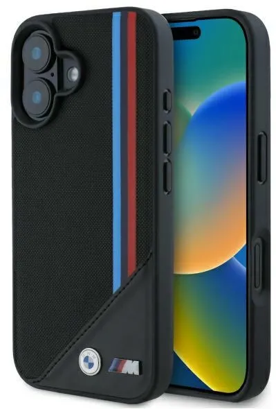 Husa protectie BMW M Meshed Tricolor Stripes MagSafe iPhone 16 negru