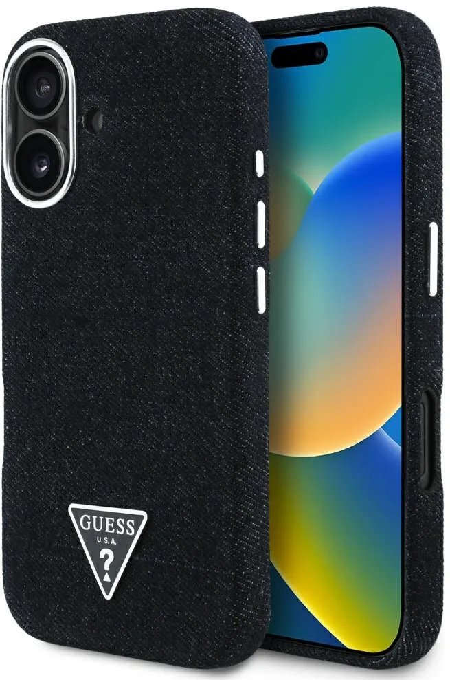Husa protectie Guess Denim Triangle Logo MagSafe negru iPhone 16