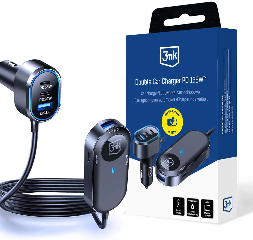 Incarcator auto dublu 3mk 135W PD QC PPS USB-C USB-A negru