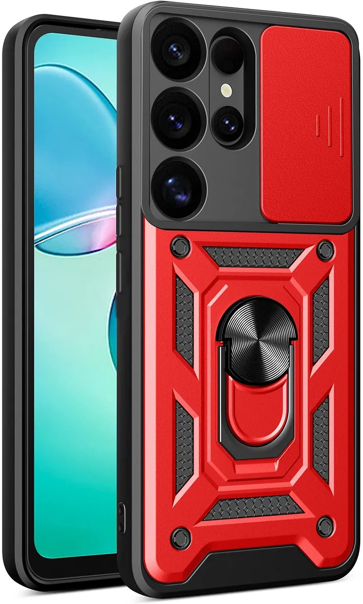 Husa protectie Hybrid Armor Camshield cu protectie camera si inel metalic Samsung Galaxy S25 Ultra rosu