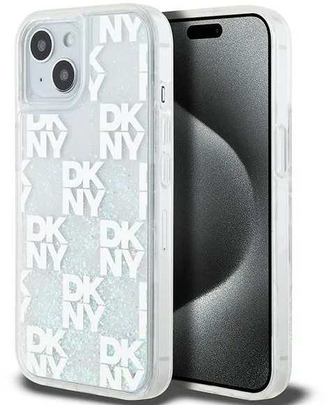 Husa protectie DKNY Liquid Glitter Multilogo iPhone 15 / 14 / 13 alb