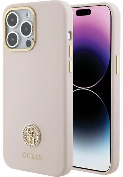 Husa Guess Silicone Logo Strass 4G iPhone 15 Pro Max roz