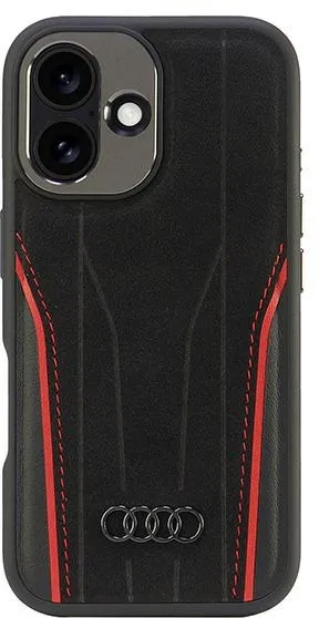 Husa Audi Genuine Leather MagSafe iPhone 16 AU-TPUPCMIP16-R8/D3-RD negru/rosu