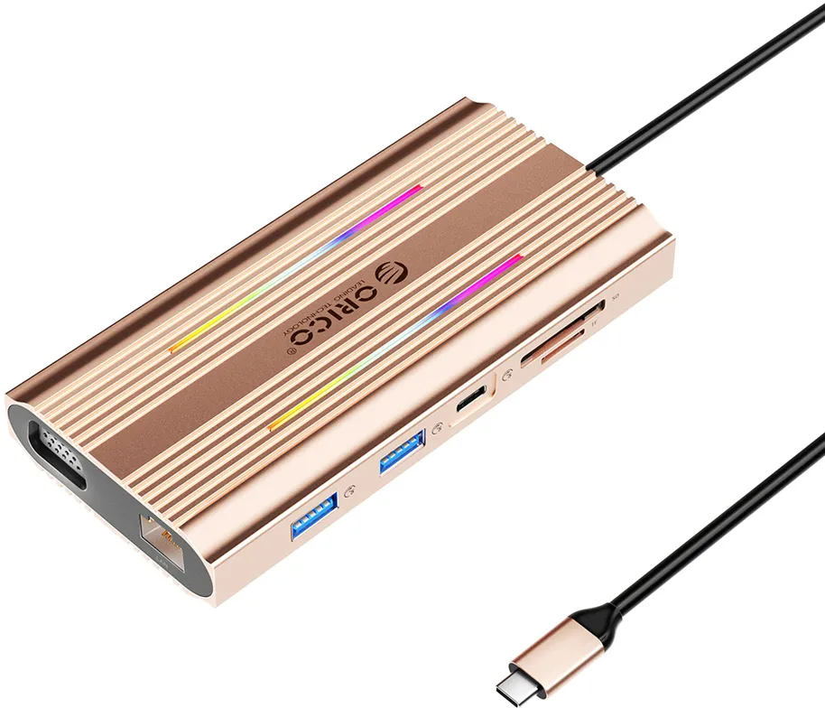 Orico XDR 12in1 RGB USB-C Docking Station USB-A USB-C PD 100W 2x HDMI 4K 60Hz VGA RJ45 Gigabit SD and microSD Card Reader - Rose Gold