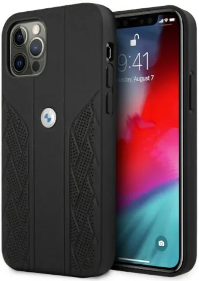 Husa protectie BMW Leather Curve Perforate iPhone 12 / 12 Pro negru