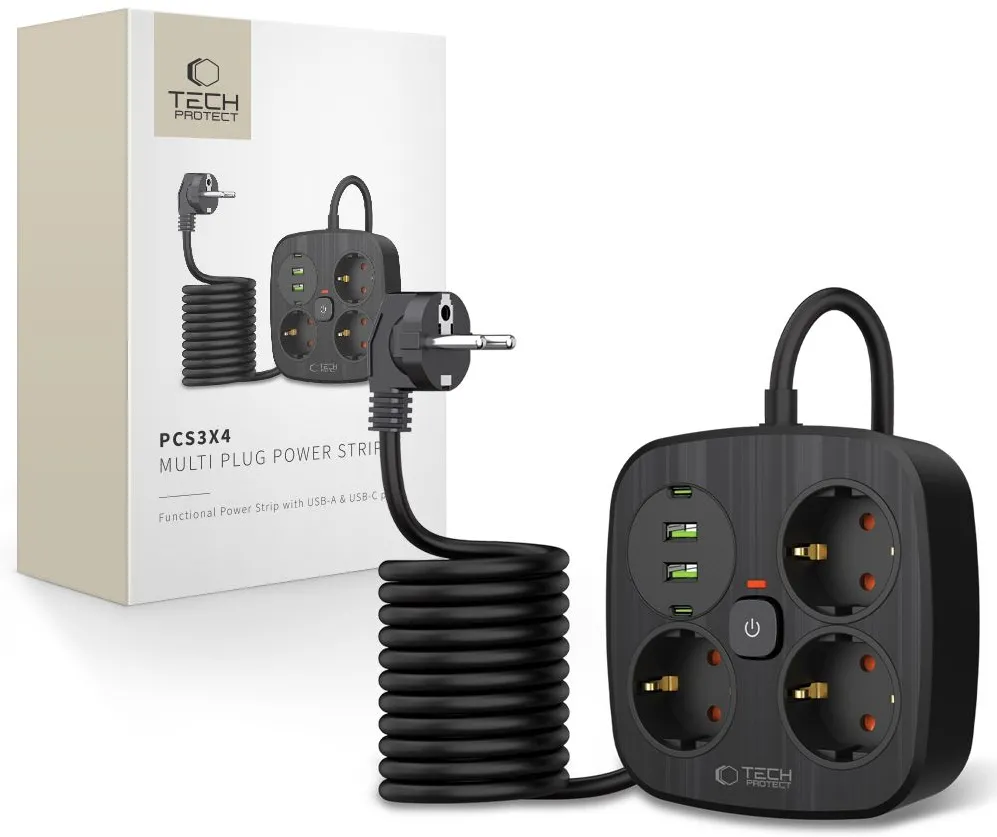 Tech-Protect PCS3X4 power strip, 3 sockets, 2xUSB-A, 2xUSB-C 200 cm - black