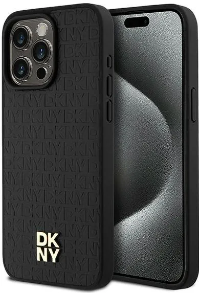 Husa DKNY Leather Monogram Pattern Metal Logo MagSafe iPhone 15 Pro Max negru