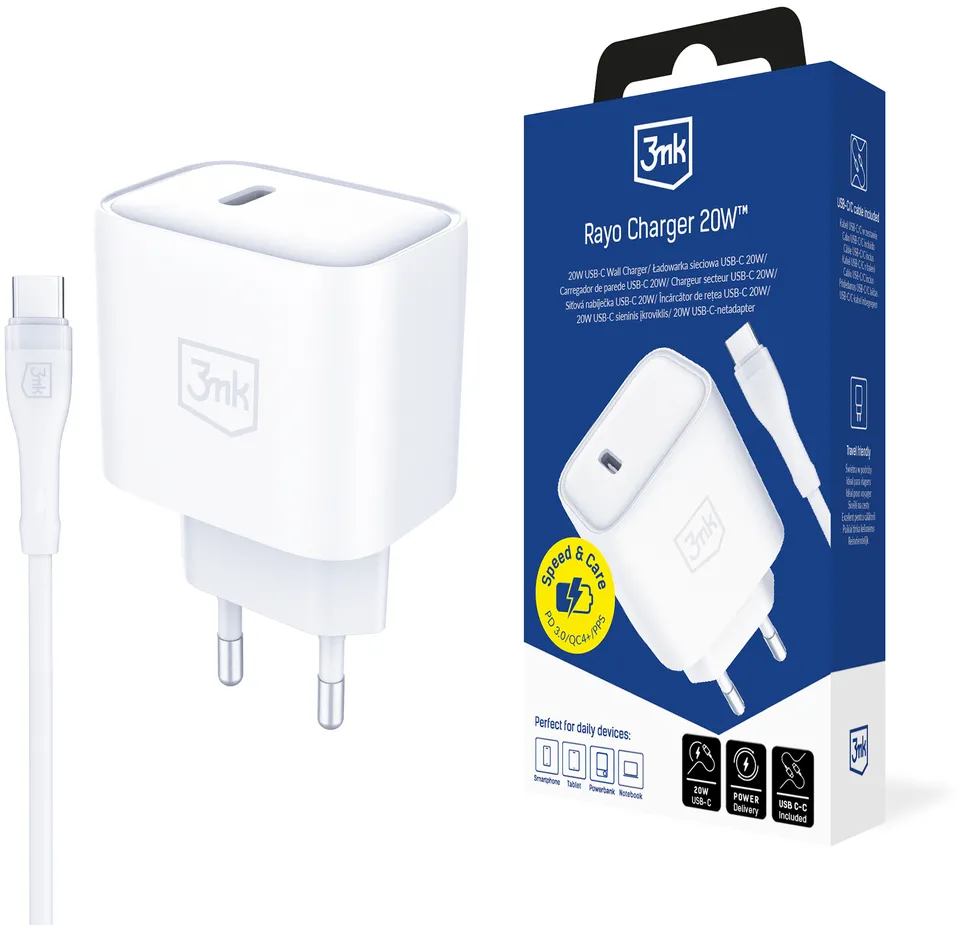 Incarcator retea 3mk Rayo 20W PD3.0 PPS USB-C + cablu USB-C / USB-C 60W alb