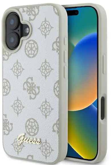 Husa protectie Guess Peony Script Logo alb iPhone 16