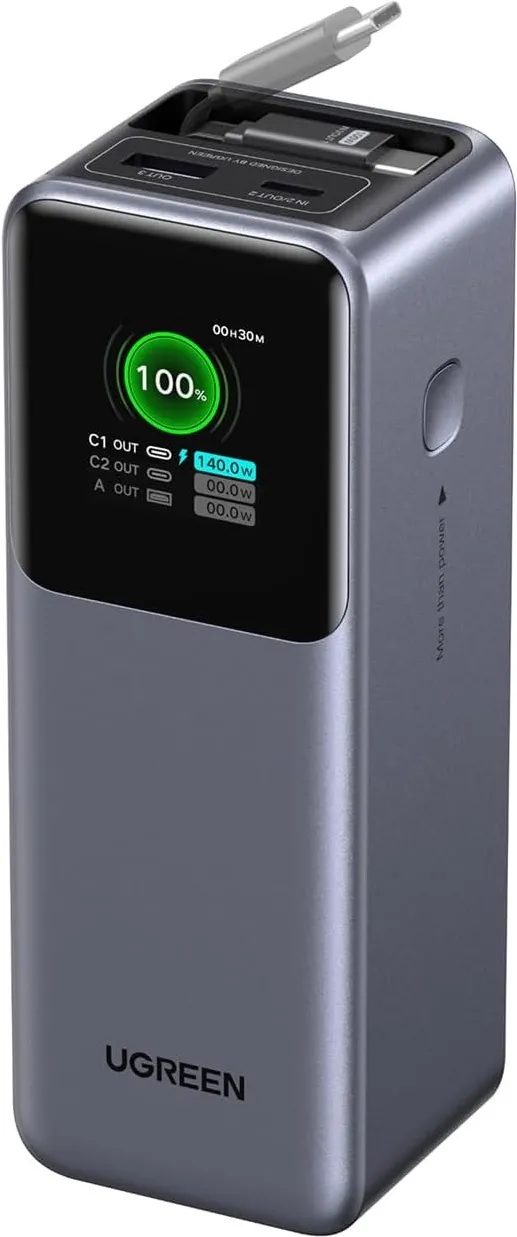 POWER BANK Ugreen "PB726", 20000mAh, 165W PD3.0, 1 x USB, 2 x USB Type-C, 1 x USB Type-C cablu integrat, display, gri, "55987B" (timbru verde 0.98 lei)