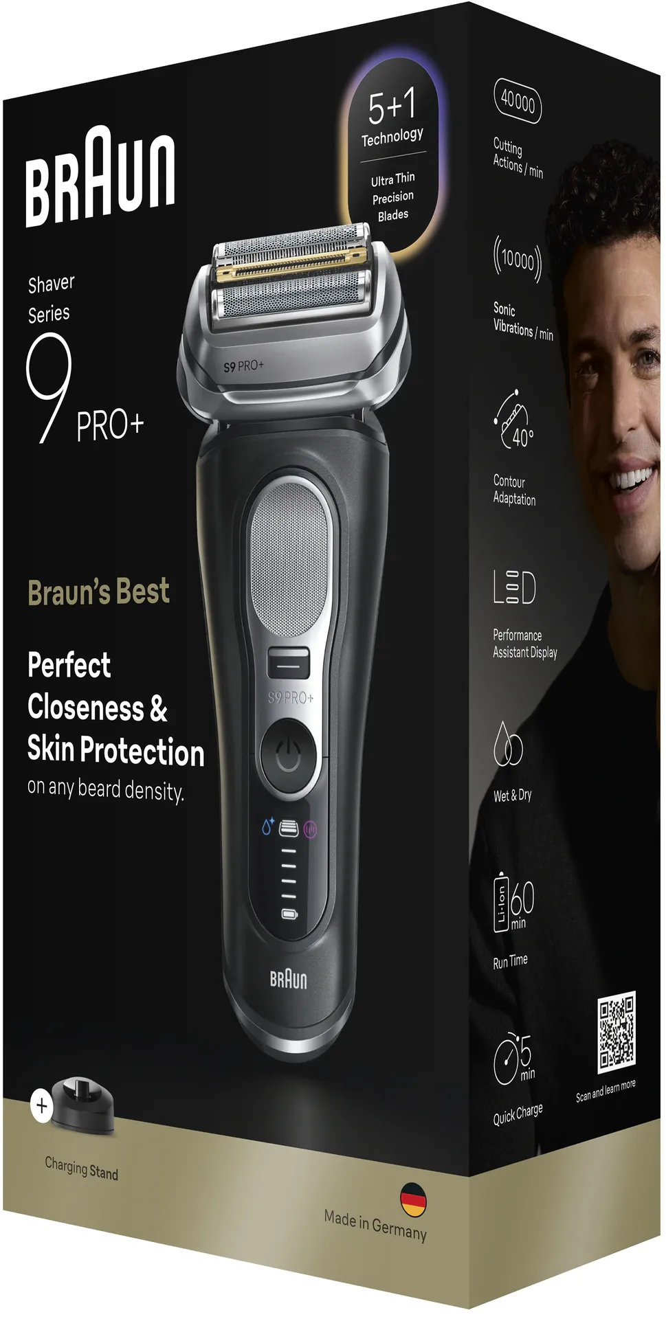 Aparat electric de ras Braun Seria 9 PRO+ 9610S, Lame de precizie Ultra-Subtiri 5+1, Pro Sensoadapt, Autonomie pana la 60 de minute, Suport de incarcare, Utilizare umeda/uscata, Negru