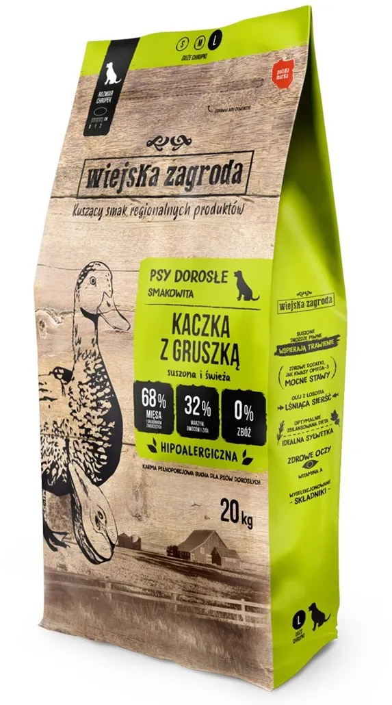 Hrana uscata pentru caini adulti Wiejska Zagroda rata cu para granule M 20 kg