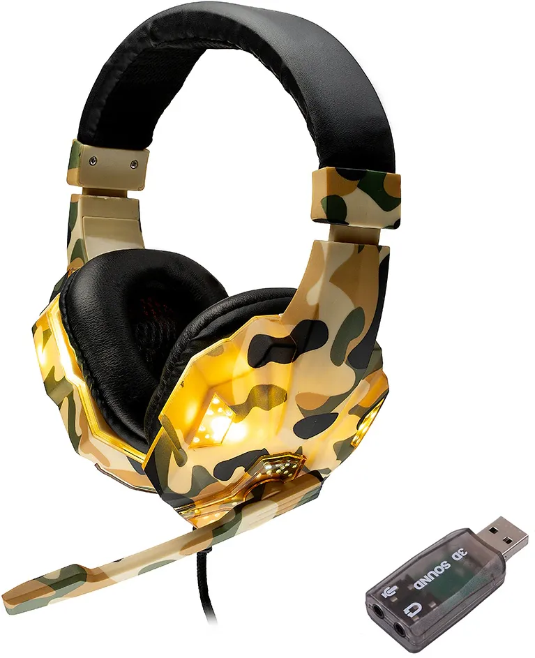 Casti Spacer, cu fir, standard, utilizare gaming, microfon pe brat, conectare prin adaptor USB 2.0 sau Jack 3.5 mm x 2, lumina verde, camuflaj, "SPGH-CAMO-USB"