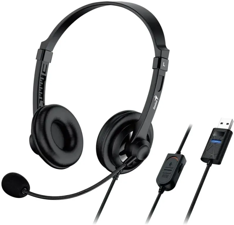 Casti Genius "HS-230U", cu fir, utilizare multimedia, USB-A, microfon pe brat, lungime cablu 2.4m, control volum pe fir, negru