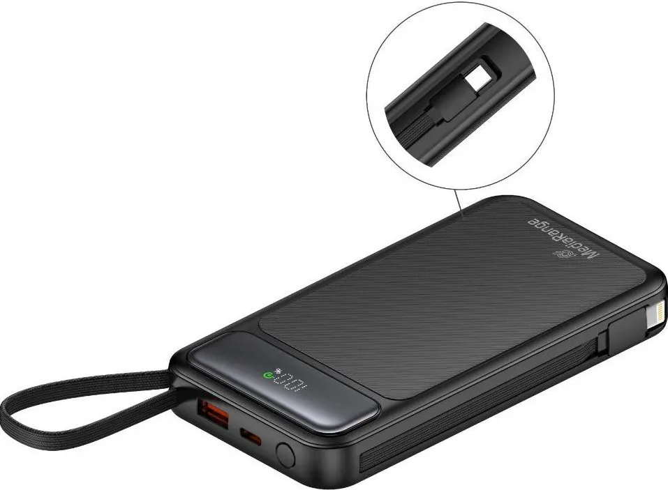 Baterie externa MediaRange MRMA753 10.000 mAh cu cabluri integrate, USB-C Power Delivery, Quick Charge si afisaj LCD
