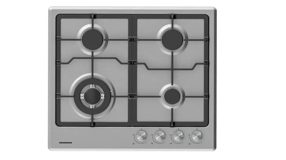 Plita incorporabila Heinner HBH-M495IWFIX, Gaz, 4 arzatoare, Gratar fonta, Wok, Aprindere electrica, Dispozitiv de siguranta, 60 cm, Inox