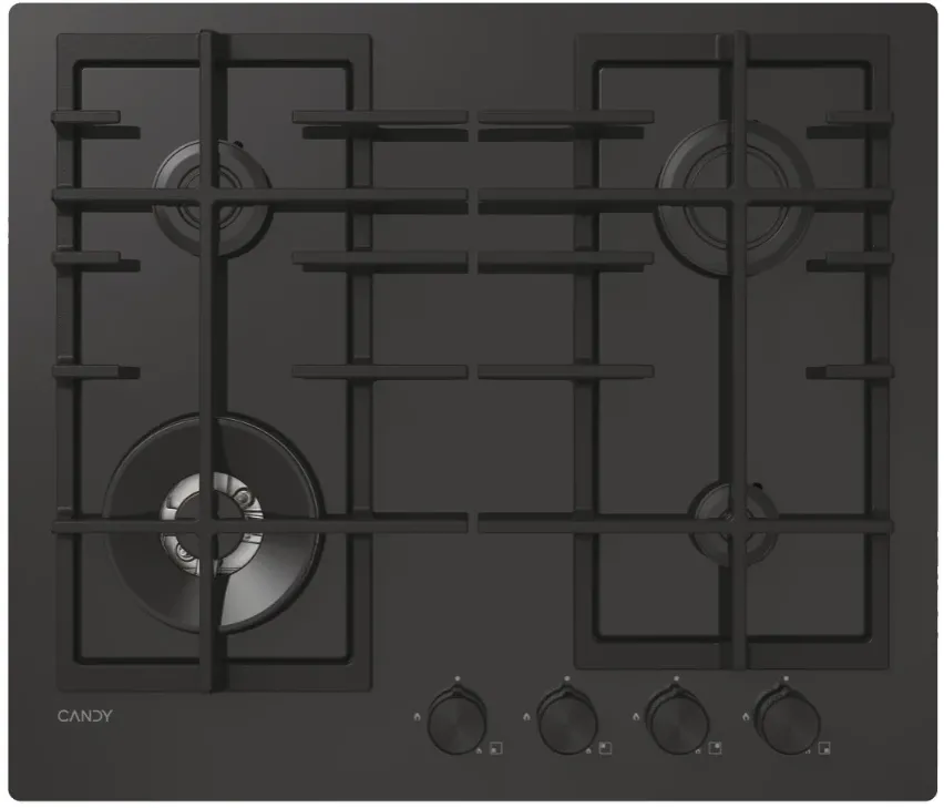 Plita incorporabila Candy CVFG6BF4PB, Gaz, 4 arzatoare, 60 cm, Wok, gratare fonta, sticla neagra