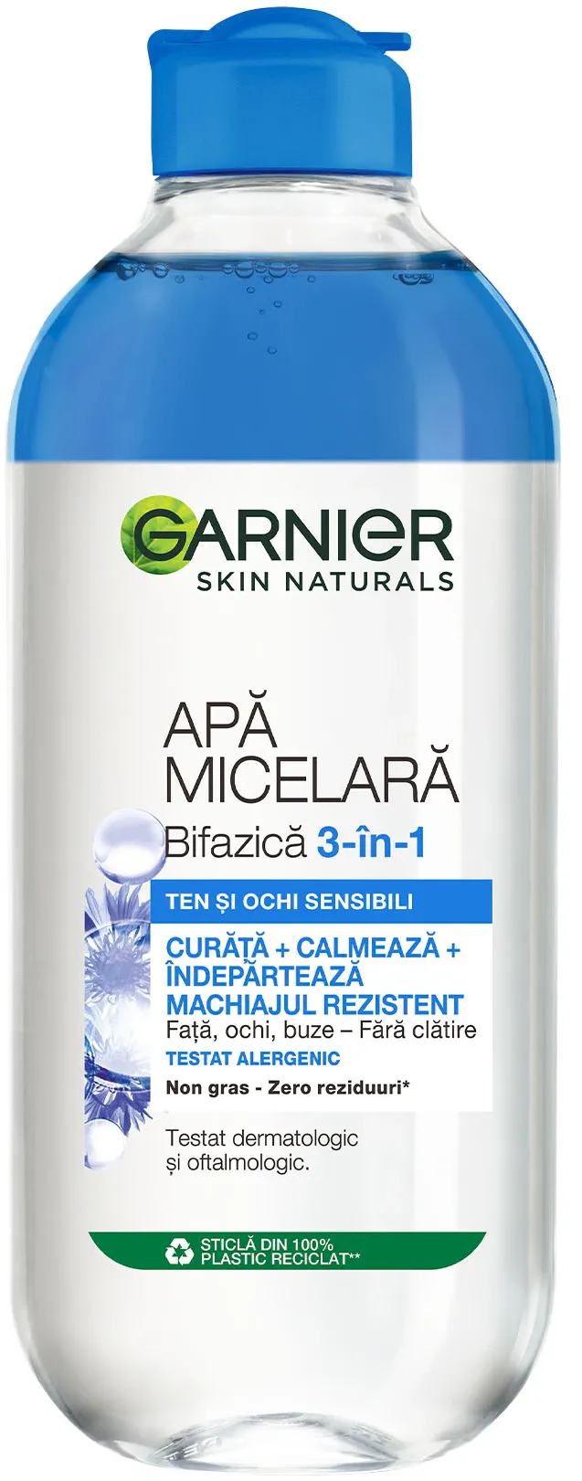 Apa micelara bifazica Garnier cu apa de albastrele pentru ten si ochi sensibili, 400 ml