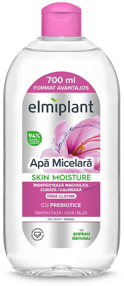 Apa micelara Elmiplant Skin Moisture pentru ten sensibil/uscat, pentru față, ochi și buze, cu Prebiotice, 700 ml