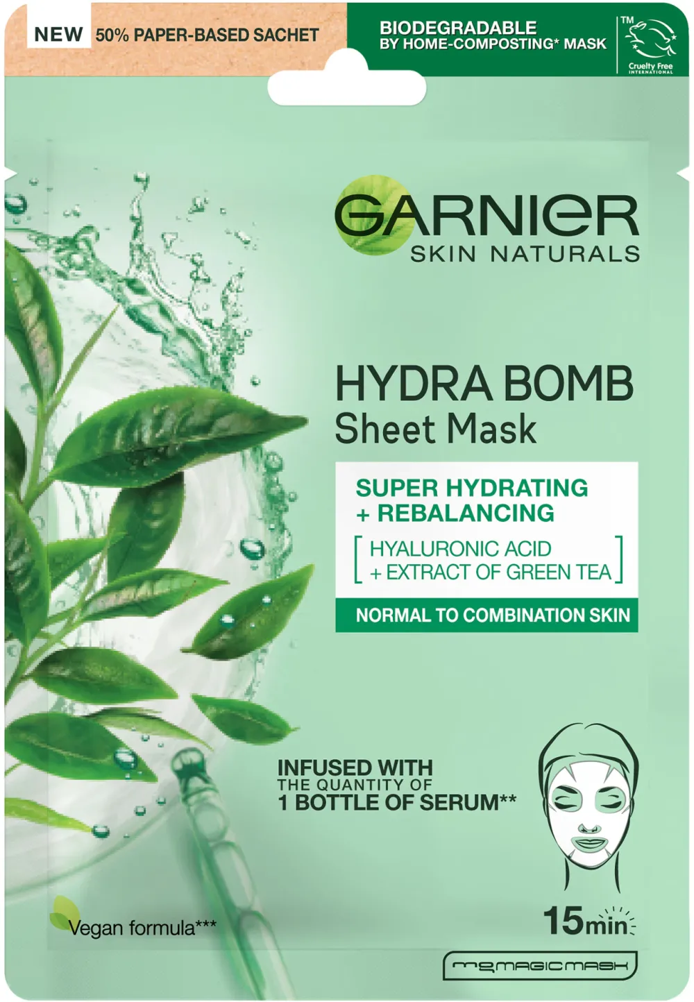 Masca Servetel Garnier Moisture + Freshness cu ceai verde pentru ten normal si mixt, 32 g