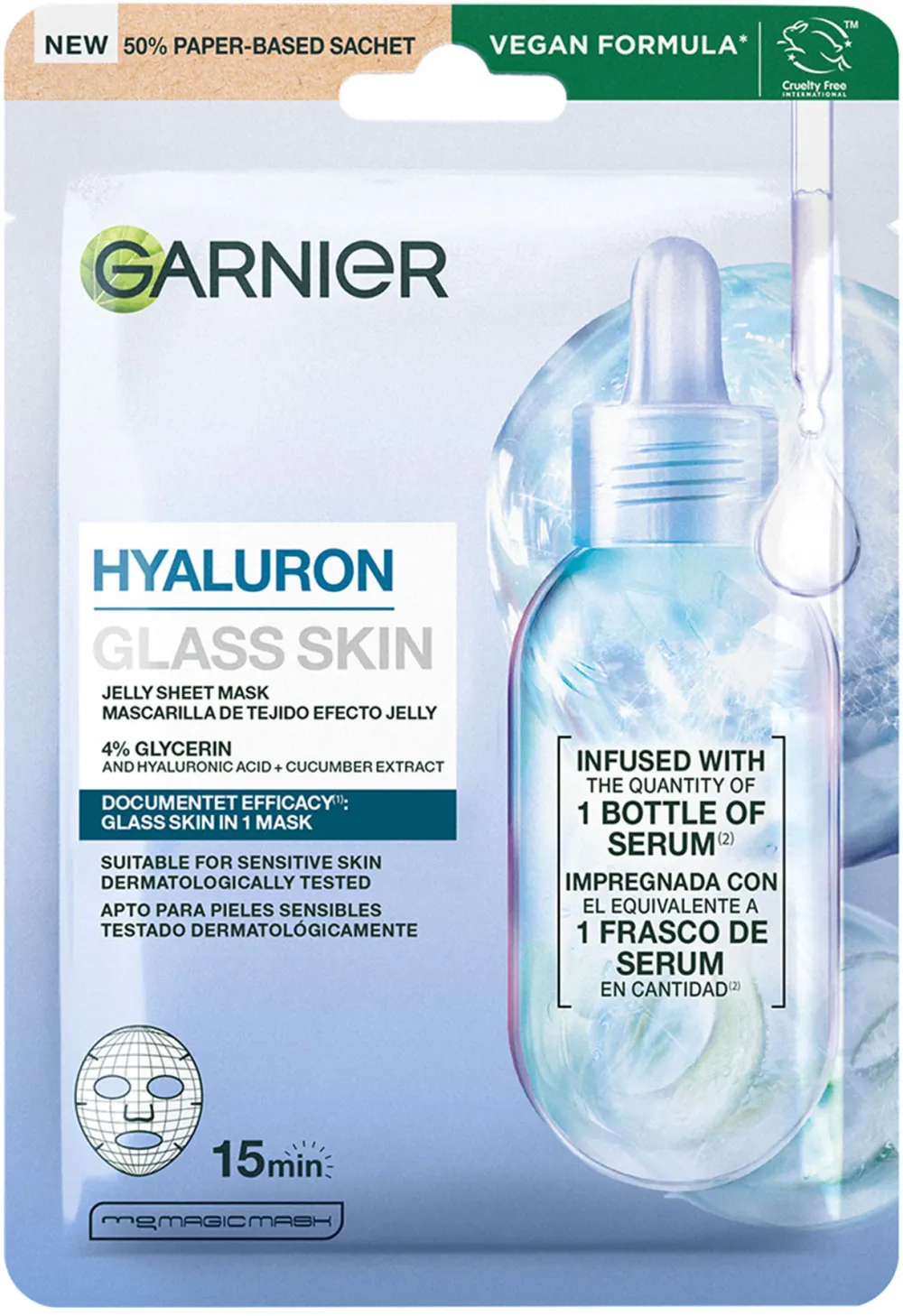 Masca servetel Garnier Hyaluron Glass Skin cu efect de hidratare, 27g