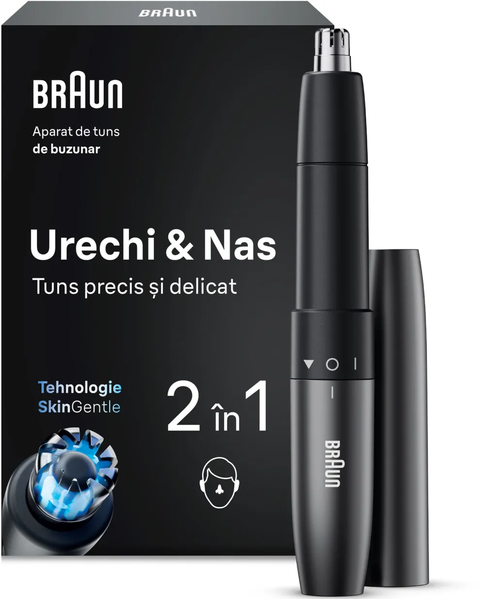 Aparat de tuns parul din urechi si nas Braun EN20, Dimensiune de buzunar, Doua lame, tehnologie Skingentle, Lame lavabile, Compact si usor de utilizat, Baterie AAA inclusa, Gri
