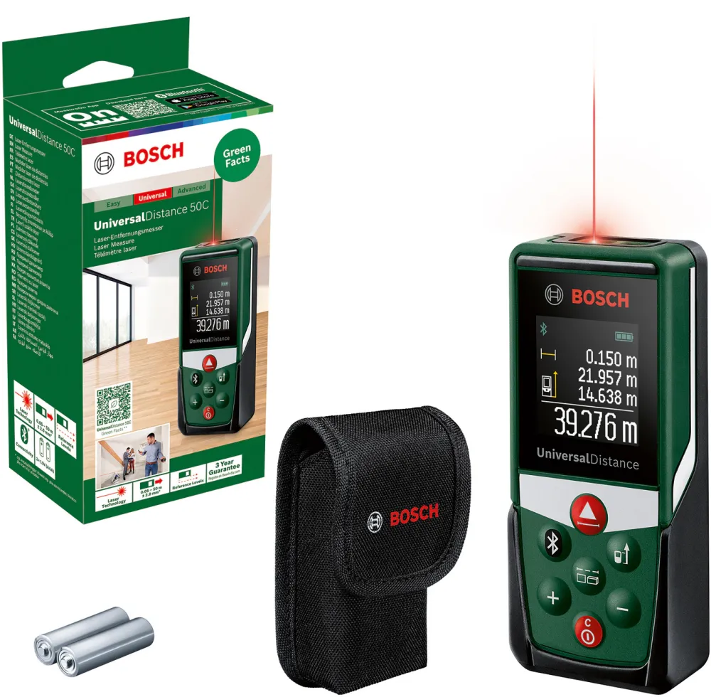Telemetru Bosch UniversalDistance 50C 06036723Z0, masurarea precisa cu laser a distantelor de pana la 50 m, conectivitate bluetooth, masurare lungimi, suprafete si volume