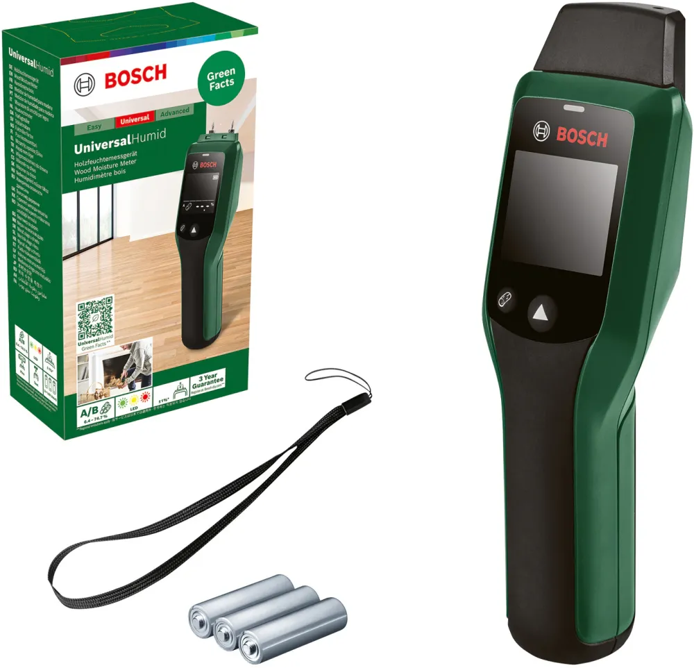 Aparat de masurare a umiditatii Bosch UniversalHumid 06036880Z0, functie de preselectare a tipului de lemn