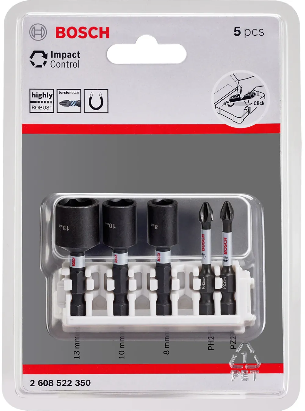 Set 5 piese insurubare Bosch 2608522350, 2 x biti PZ/PH 2, tubulare 8/10/13 mm, 50 mm lungime