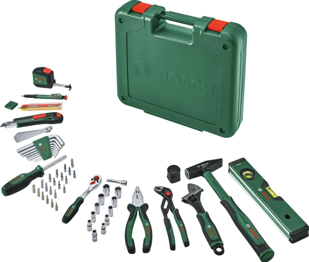 Set 73 scule de mana Bosch 1600A039HZ, cleste combinat 180 mm, cheie reglabila 200 mm, clichet 1/4", surubelnita biti, ciocan lacatus