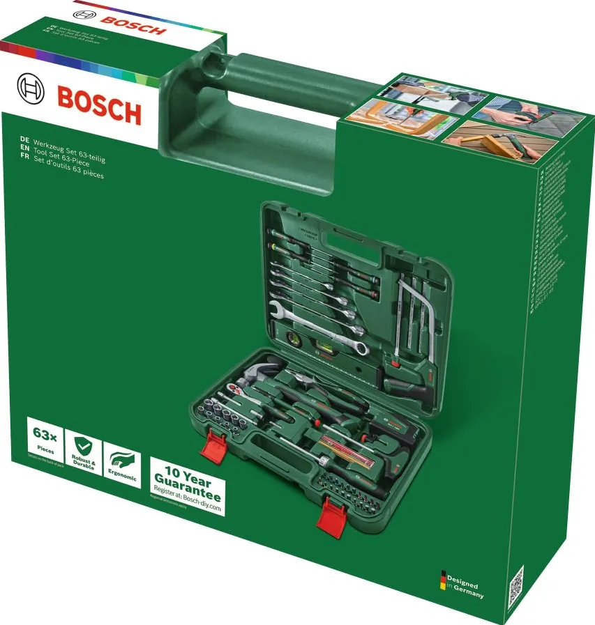 Set 63 scule de mana Bosch 1600A039HY, cleste patent 180 mm, surubelnita clichet, surubelnita maner T, nivela cu bula aer 25 cm, clichet 1/4"