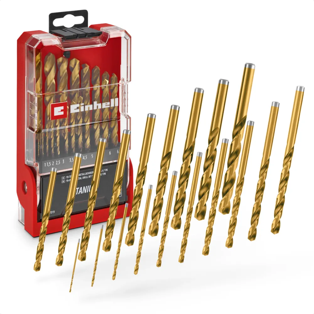 Set de 19 burghie metal HSS-G din titan Einhell, otel HSS 4341, acoperit cu titan, varf cu varf despicat la 135°, spirala frezata tip N, inclus cutie de depozitare